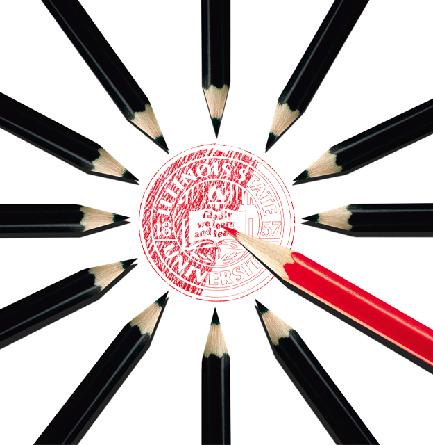 Pencils arranged in a circle with a parially drawn ISU seal logo in the center