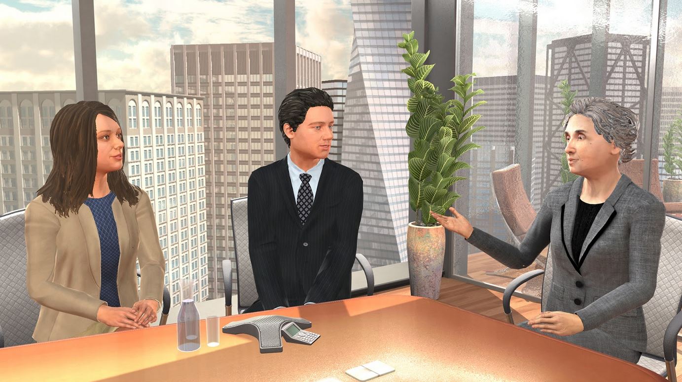 Virtual nest image from Mursion, Inc of three people engaging in a conversation